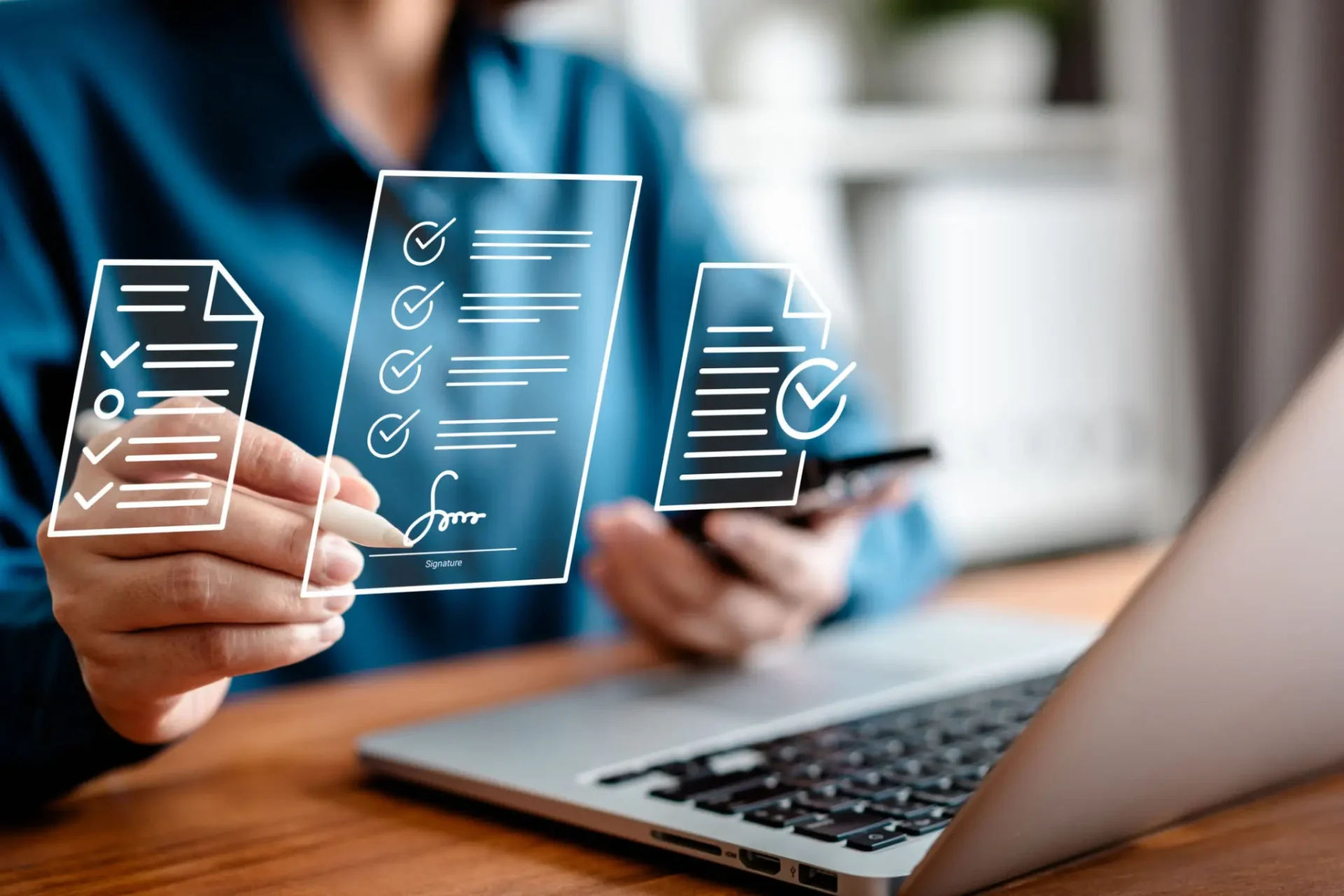 Digital documents and checklist with laptop interaction.