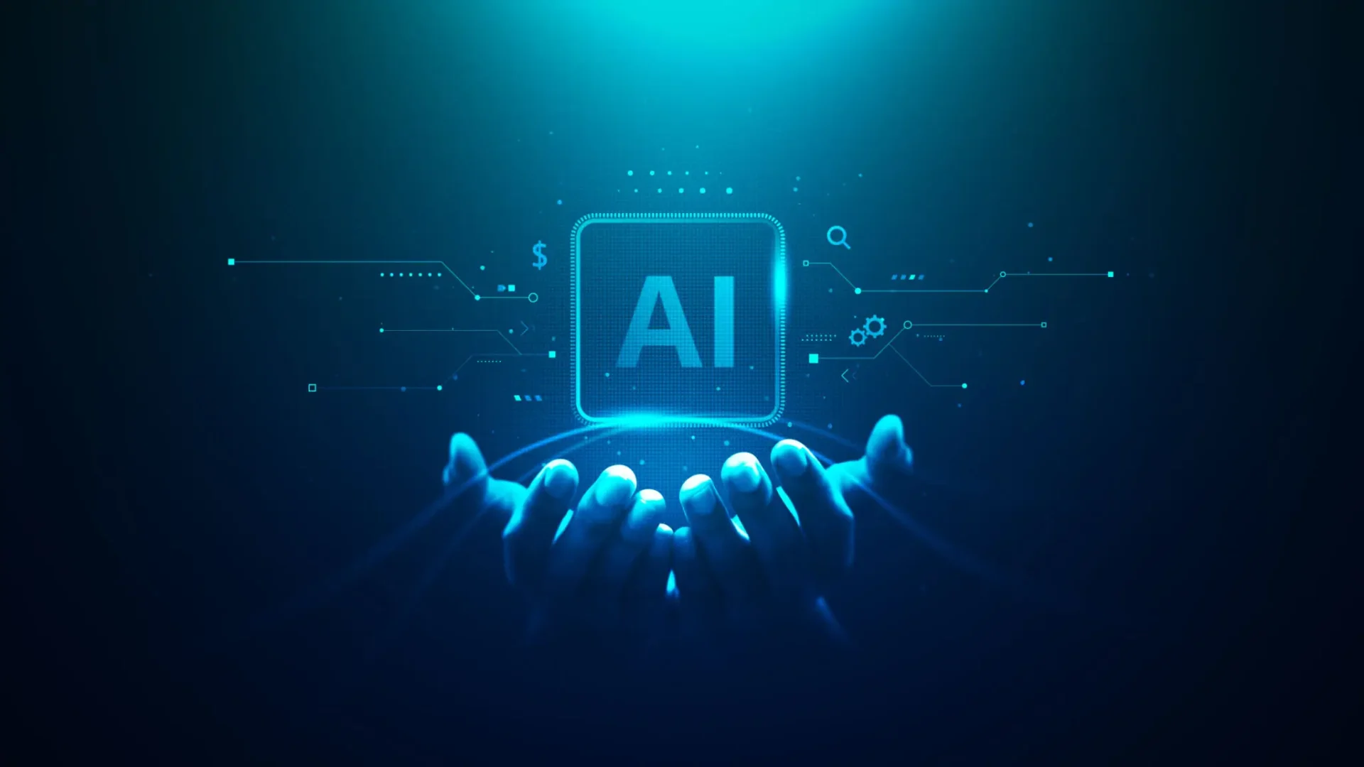 Hands holding glowing AI digital interface.