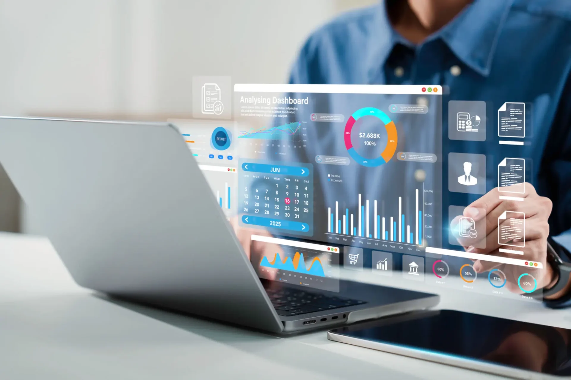 Person interacting with futuristic data dashboard display.