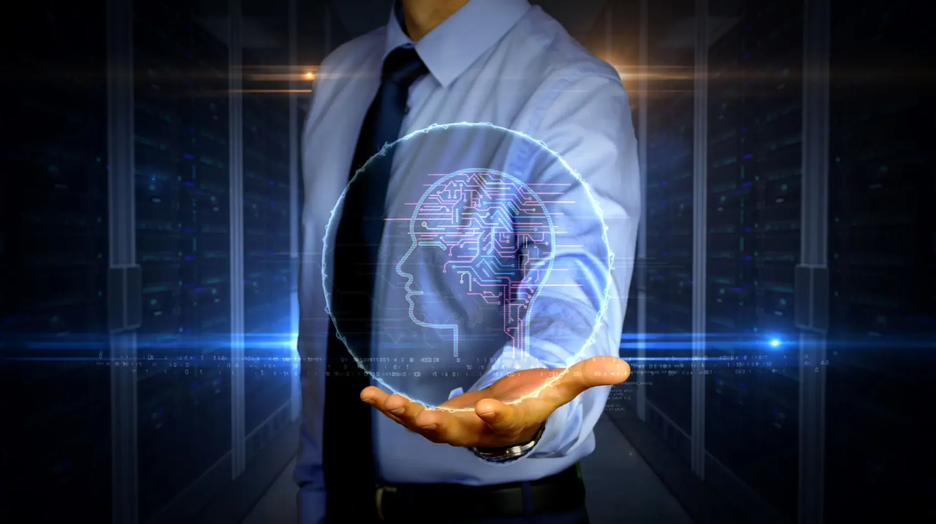 Man holding digital brain hologram in hand.