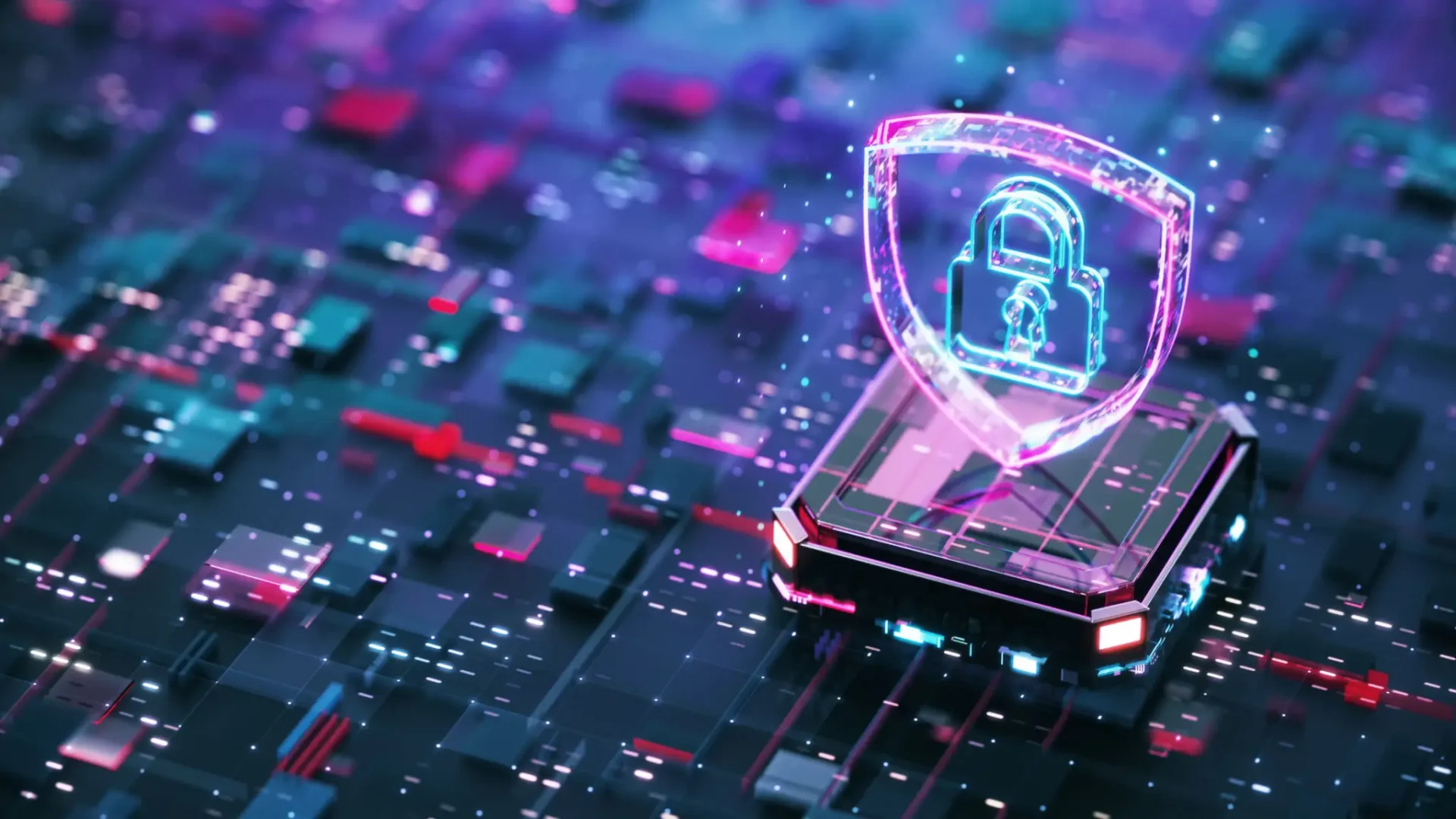 Digital security concept with glowing lock hologram.