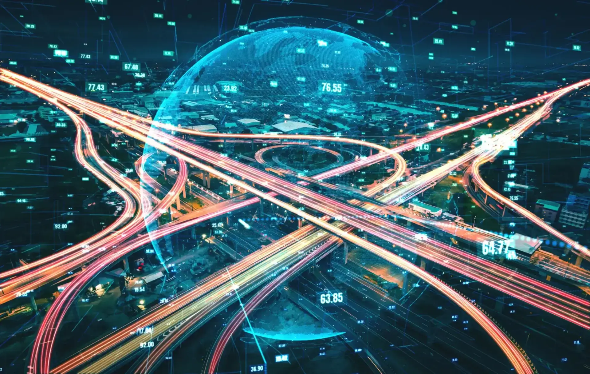 Futuristic highway network with digital data overlay.