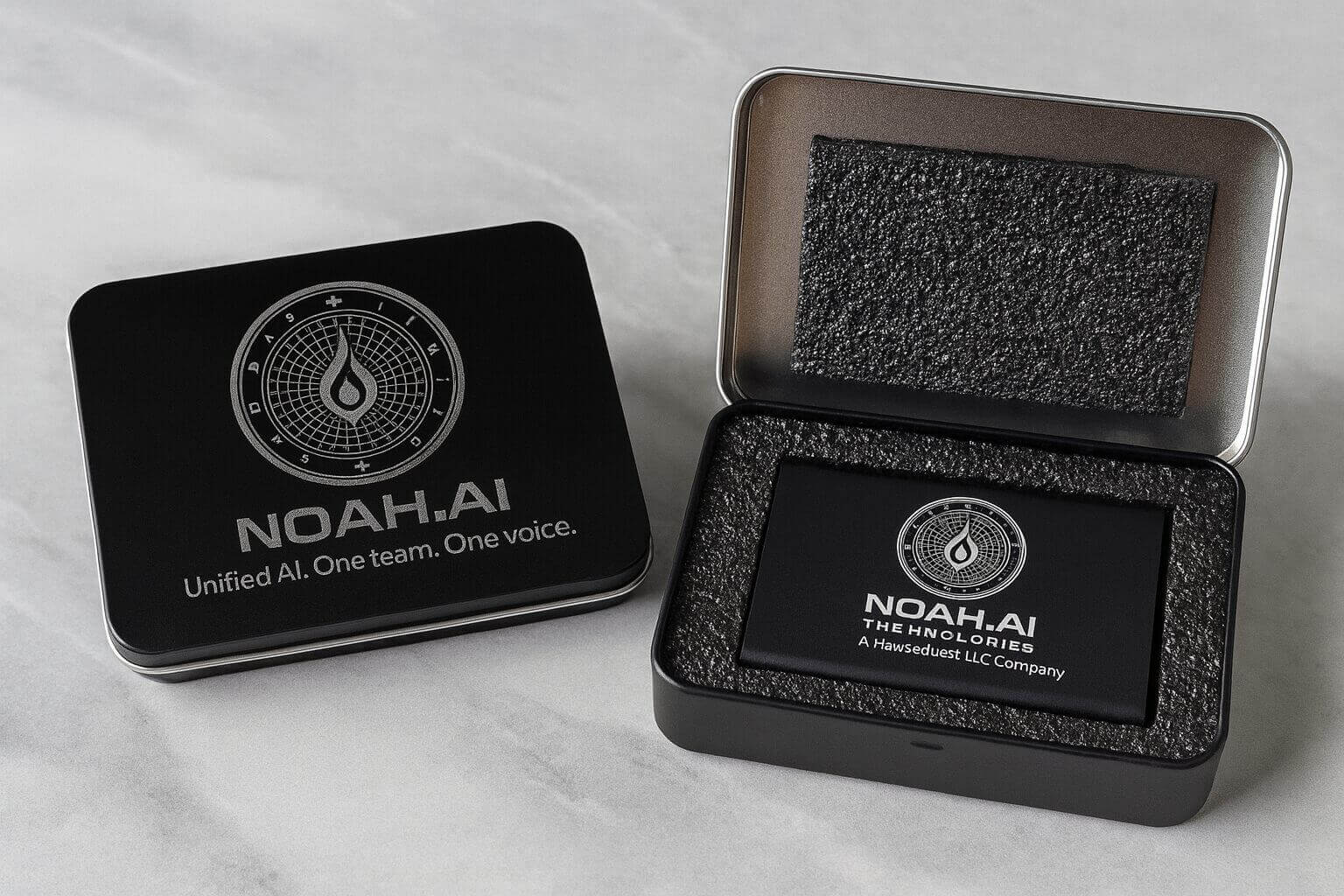 Black NOAH.AI branded metal boxes on table.
