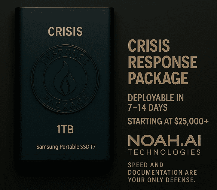 Crisis response package with portable SSD.