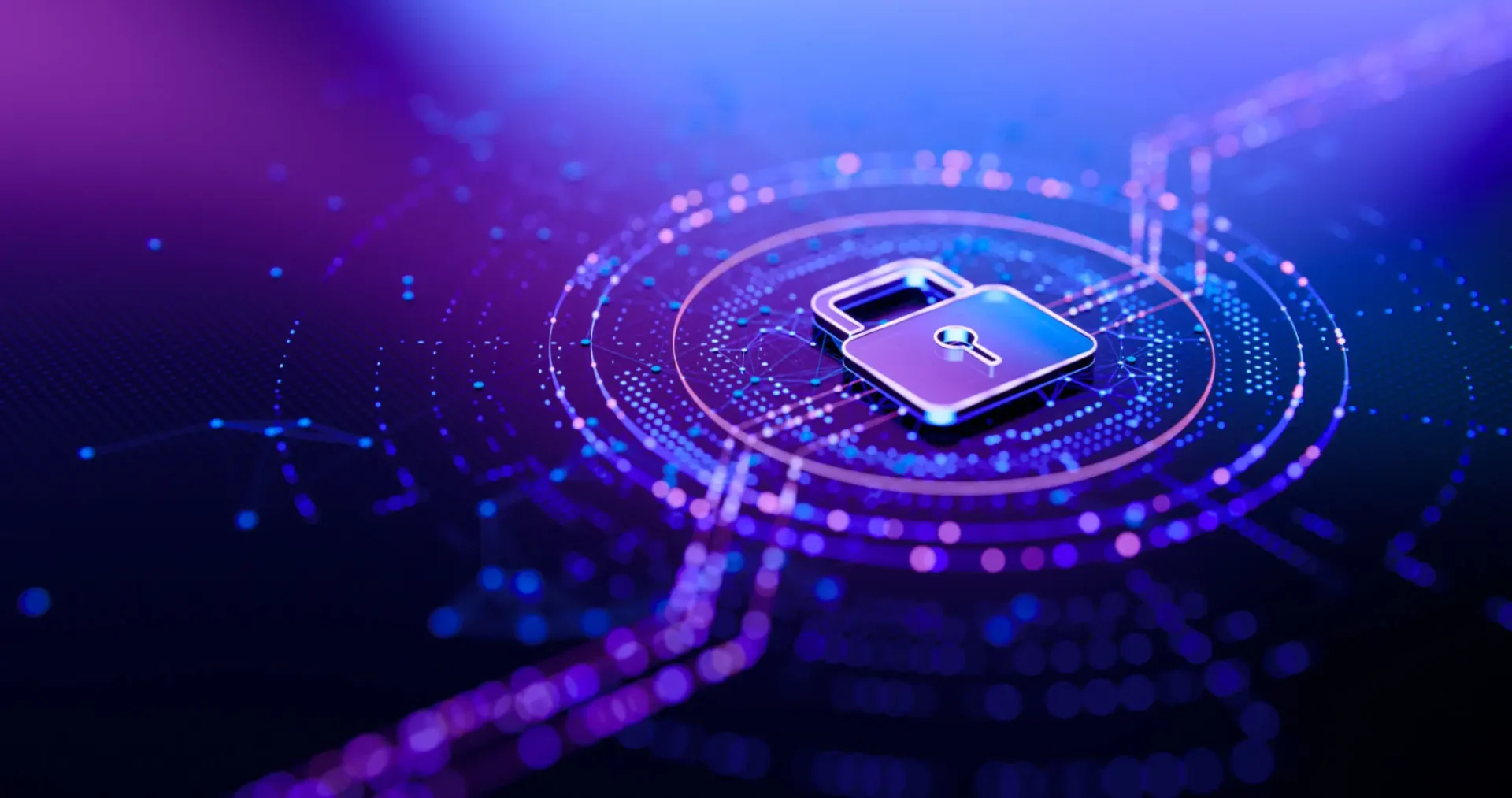 Digital padlock on abstract technology background.