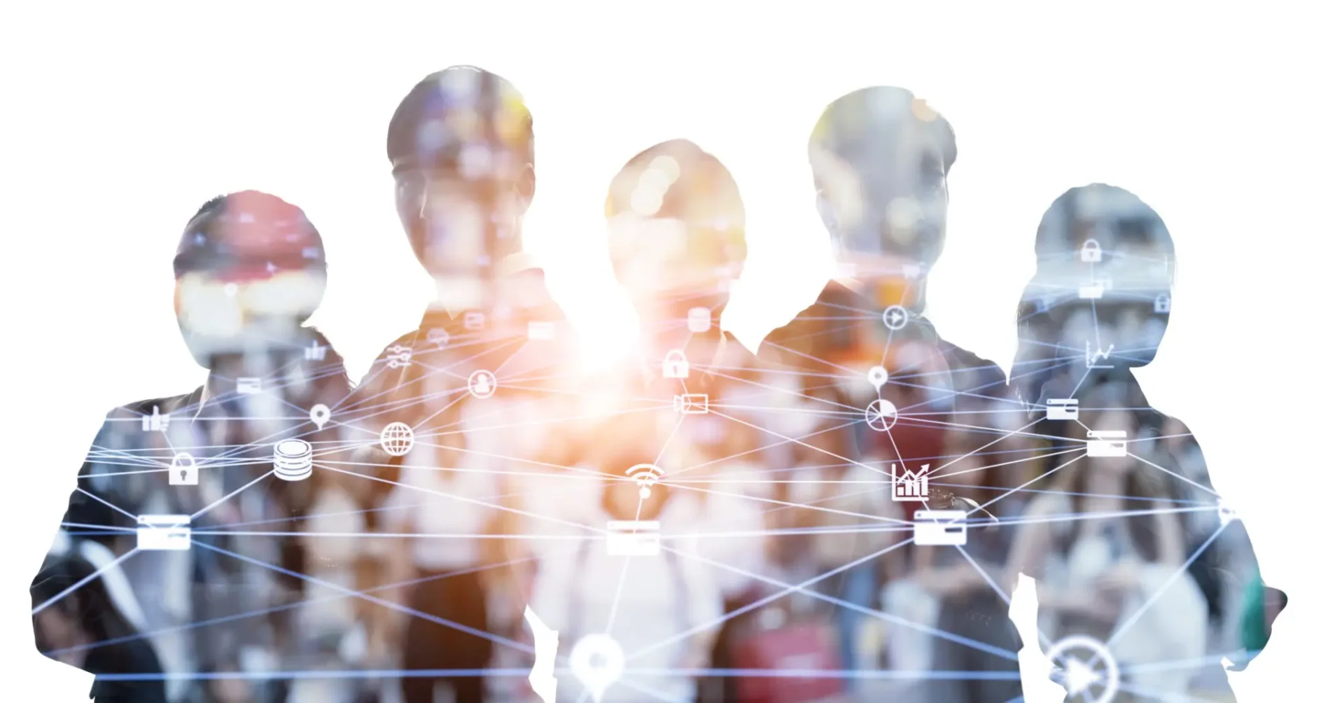 Silhouettes with digital network overlay and icons.